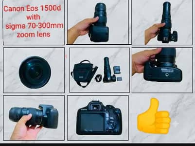 Canon 1500d with Sigma 70-300mm zoom lens and accessories for sale.
