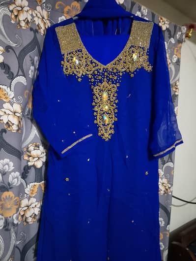 3 piece royal blue chiffon embroidery dress small size only 1600/_