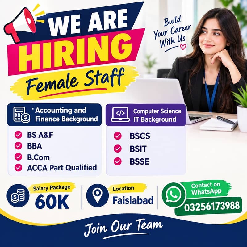 Female Staff Required in Faisalabad | Accounting, Finance & IT ...