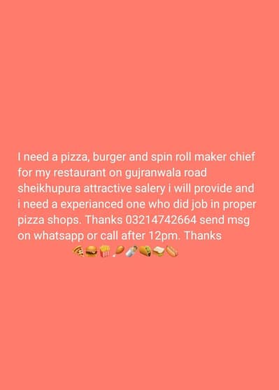 lookin for chief for my fast food restaurant