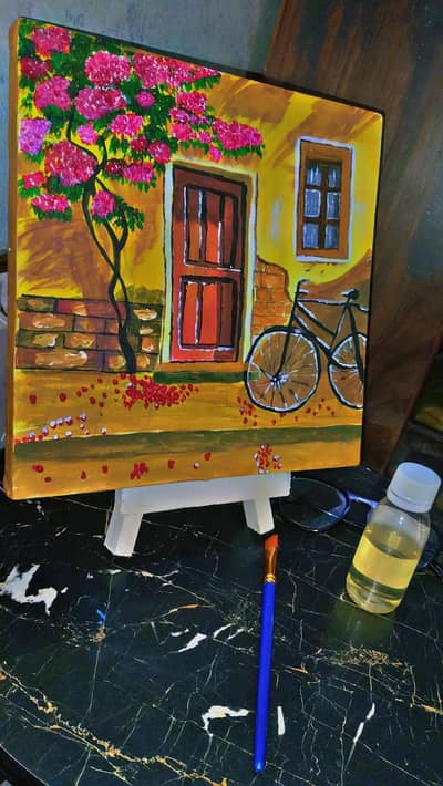 Handmade Acrylic Painting – Beautiful House & Floral Wall Art