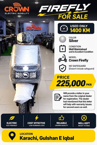 Crown Firefly Electric Scooter for Sale | 1,400 KM Used | Karachi