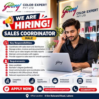 Male Sales Cordinator Required