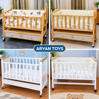 Baby Cot | Wooden Baby Crib with Wheels | Newborn Nursery Bed