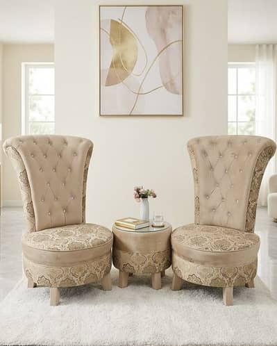 Luxury Tufted Royal Chairs Set with Matching Coffee Table