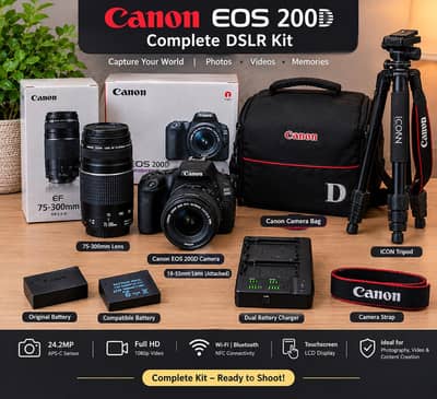 Canon EOS 200D DSLR + 2 Lenses (18-55mm & 75-300mm) + Full Accessories