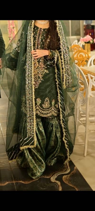 Green farshi gharara with designer shirt and dupatta