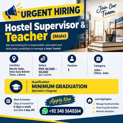 Urgent Hireing Male Hostel Supervisor & Teacher Required | Jobs