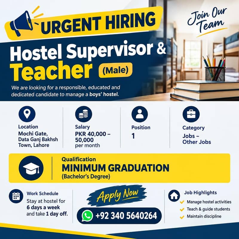 Urgent Hireing Male Hostel Supervisor & Teacher Required | Jobs 0