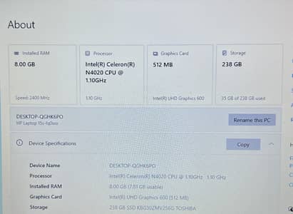 HP 15s Laptop 8GB RAM 256GB SSD Intel Celeron N4020