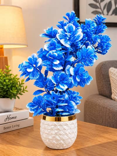 Artificial Blue Flowers with White Ceramic Pot & Golden Rim