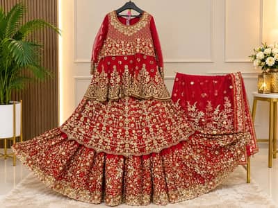 Red & Golden Heavy Embroidered Bridal Lehenga – Used Once