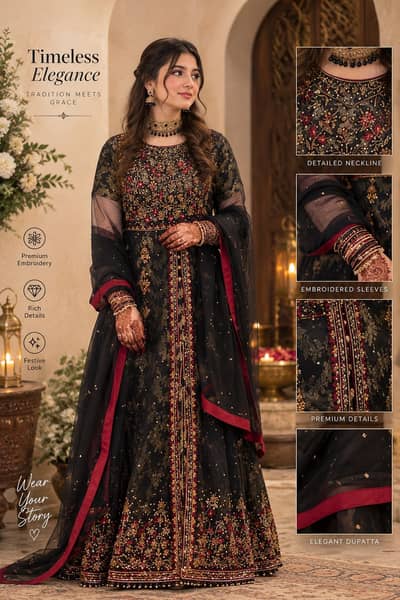 Premium Black & Maroon Front-Open Farsi Sharara / Formal Dress