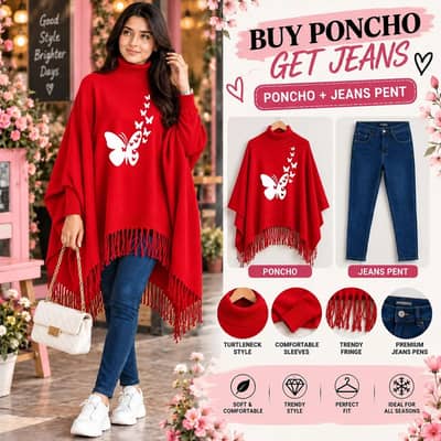 GIRLS PRINTED PONCHO & JEANS