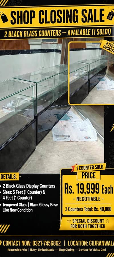 2 shop counters with glass and shelves
