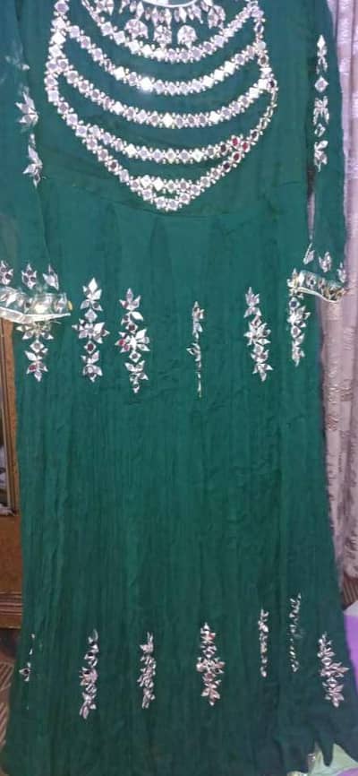 Bottle green maxi with mirror work