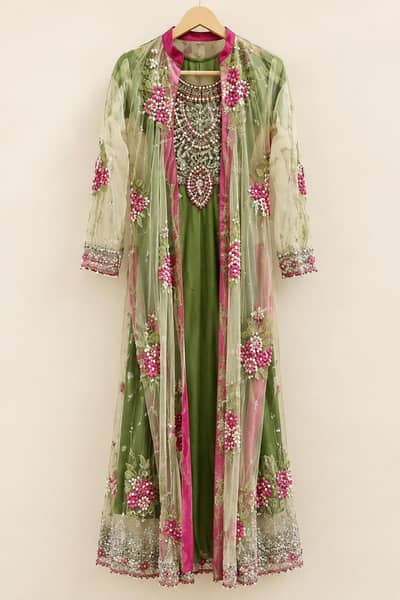 net and silk frock and net gaon with embroidery pearl and stones