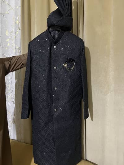 Title: Premium Black Sherwani with Matching Turban – Wedding Wear