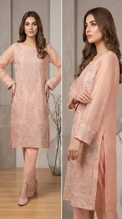 Peach Embroidered 2-Piece Suit with Tissue Sleeves