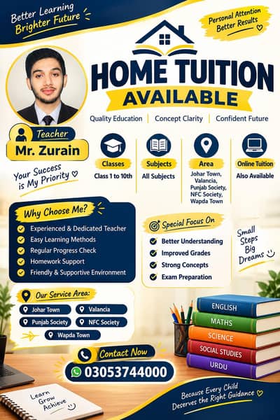 Experienced Home tutor available_one class to matric