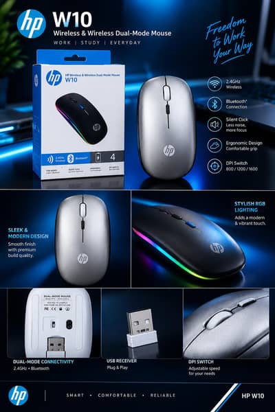 HP W10 Wireless Mouse – Bluetooth & 2.4GHz Dual Mode