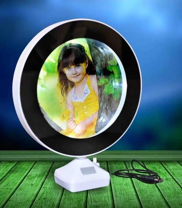 T  Round Shape Magic Mirror Photo Frame with Cable for Home Decor Table, Living, Bedroom Lamp LED Light & Customized Personal Photograph (White)