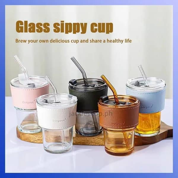 T  450ml Good-Looking IceAS American Latte Milk Cup - Reusable Glass Tumbler with Straw, Lid & Leather Sleeve, Vertical Stripes Iced Coffee Cups