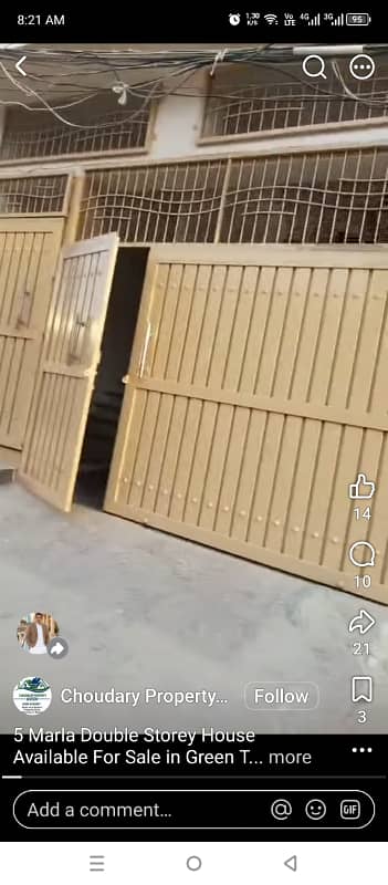 Green town one unit ki back 5 mrla double story house urgent Sale wid Gas mtr, 03006803629