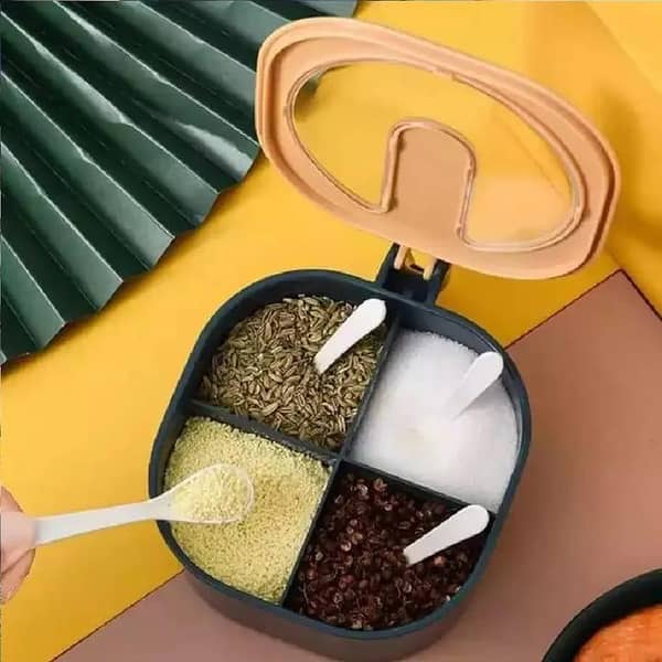 T  Versatile 4-in-1 Kitchen Spice Box Set | 4-Grid Herb and Seasoning Container with Spoons | Square Spice Pot for Space-Saving Storage | Complete Spice Rack Solution | Perfect for Salt, Pickles, and Dry Fruits