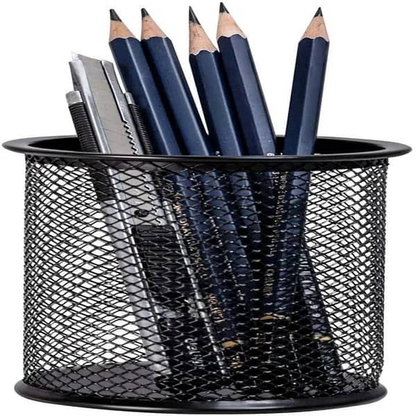 T  Pack of 2 Metal Mesh Pen Stand and Stationery Holder, Black Desk Organizer in ROUND and SQUARE Shapes, Multifunctional Pen Pencil Holder for Office, School, and Home Table Accessories, Office Metal Desk Accessories