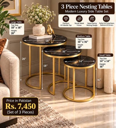 Nesting Tables|Coffee Table|3 Piece Nesting Tables|Golden Frame Table