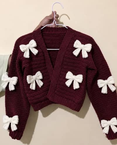  Maroon Bow Crochet Cardigan 