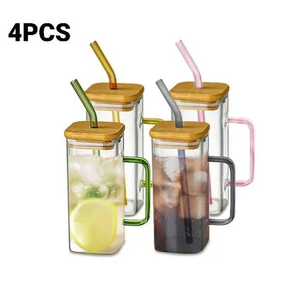 T   2 pair of Square Glass Mug 400ml with Lid and Straw - Breakfast Milk Cup - Microwave Safe Transparent Coffee Mug - Drinking Glass with Handle and Bamboo Lid - Ice and Shake Glass - Large Size Drinkware - Airtight Juice Jar for Juices and Beverages