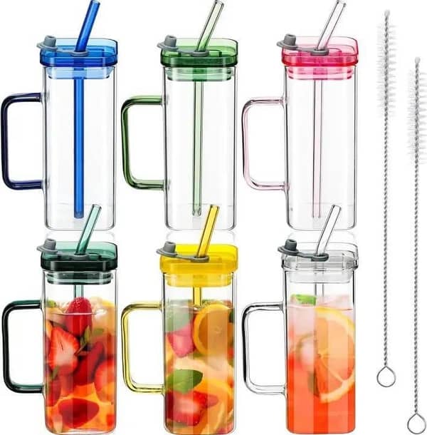 T  2 pieces of 400ml with Bamboo Lid and Straw - Microwave Safe Transparent Coffee Mug - Large Size Breakfast Milk Cup - Airtight Juice Jar for Beverages - Creative Modern Drinkware Glass - Heat Resistant Travel Sipper Bottle for Smoothie and Cocktail