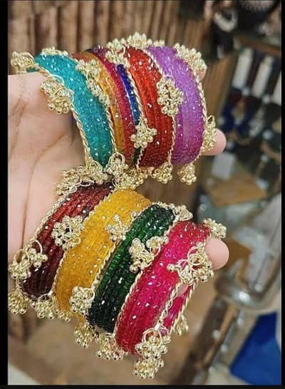 Multi Color Glass Choori Bangle Set For Girls - 8 Pcs - Fancy Latkan