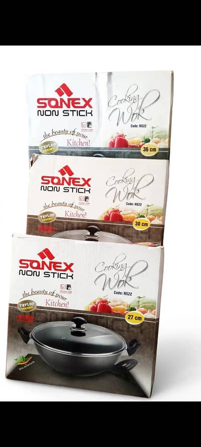 sonex non stick woks set with glas for sale 27cm. 30cm. 36cm
