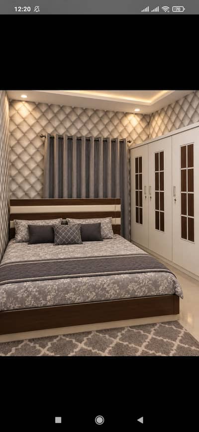 king size bed with mattress and 3 door almari