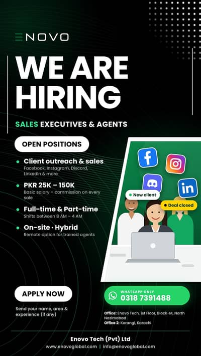 Hiring Sales Executives & Agents | Earn PKR 25K - 150K | Full & Part-