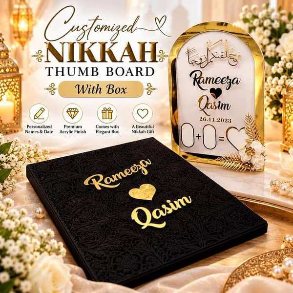 Customized Nikkah Thumb Impression Board with Personalized Name & Date | Acrylic Wedding Keepsake with Elegant Box