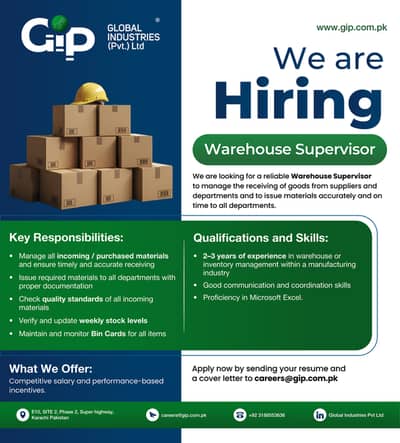 Warehouse Supervisor Required – Global Industries Pvt. Ltd.