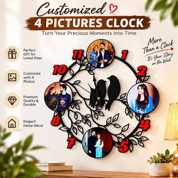 Customized 4 Photo Wall Clock with Love Birds Design – Customized Family Picture Clock for Living Room, Bedroom & Home Decoration