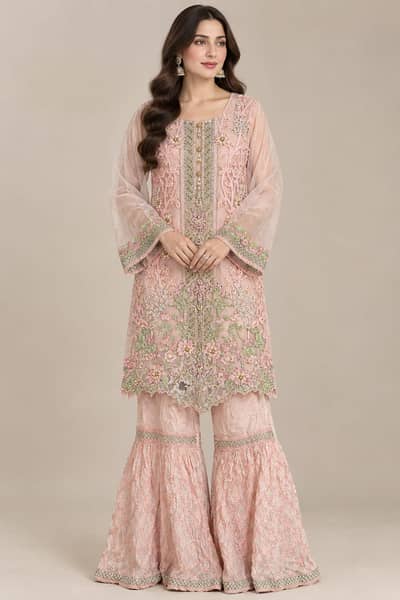 Beautiful Pink Embroidered Sharara 3 piece Suit for Sale