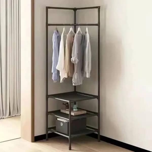 T  Clothes Hanging Stand - Hanging Stand for Clothes - Corner Rack - Cloth Hanging Stand - Clothes Hanging Stand for Room - AS Cloth Stand - Clothes Hanging Stand for Bedroom - Corner Cloth Rack with 3 Layers Storage Shelves & Double Hooks