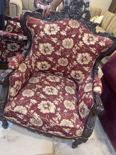 5 Seater Royal Wooden Sofa Set – Beautiful Maroon Floral Design