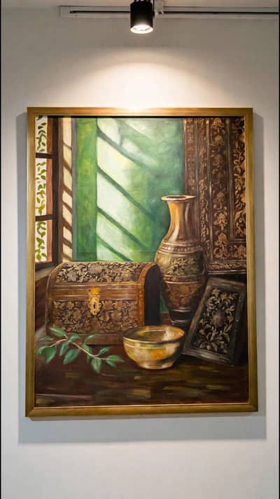 Antique Wooden Chest & Vase Oil Painting - 3x4 ft Original Handmade