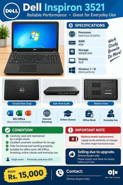 Dell Inspiron 3521 – Core i3 | 4GB RAM | 500GB HDD