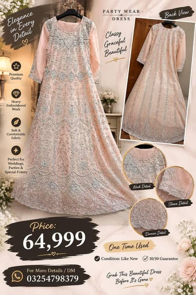 Luxury Peach Party Wear Dress with Heavy Silver Embroidery – Like New