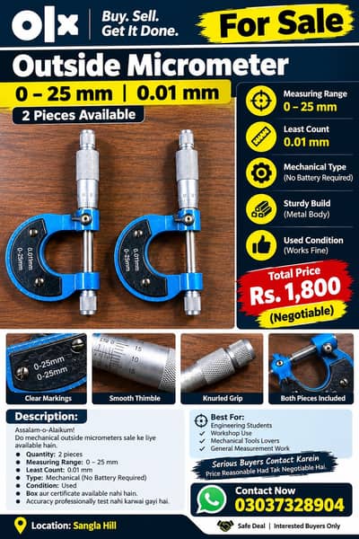 2 used Outside Micrometer 0-25 mm,Least count 0.01 mm