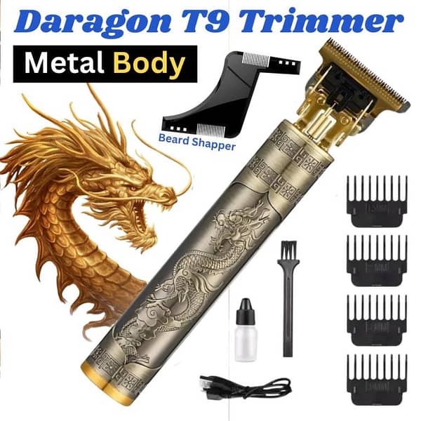 Professional Vintage T9 Hair Trimmer – Engraved Dragon Metal Body – Zero-Gapped T-Blade Cordless Grooming Kit for Men (Gold/Bronze Edition)