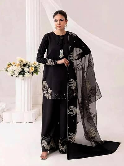 3 Pcs Women's Black Golden Sequence Embroidery Shamoz Silk Suit